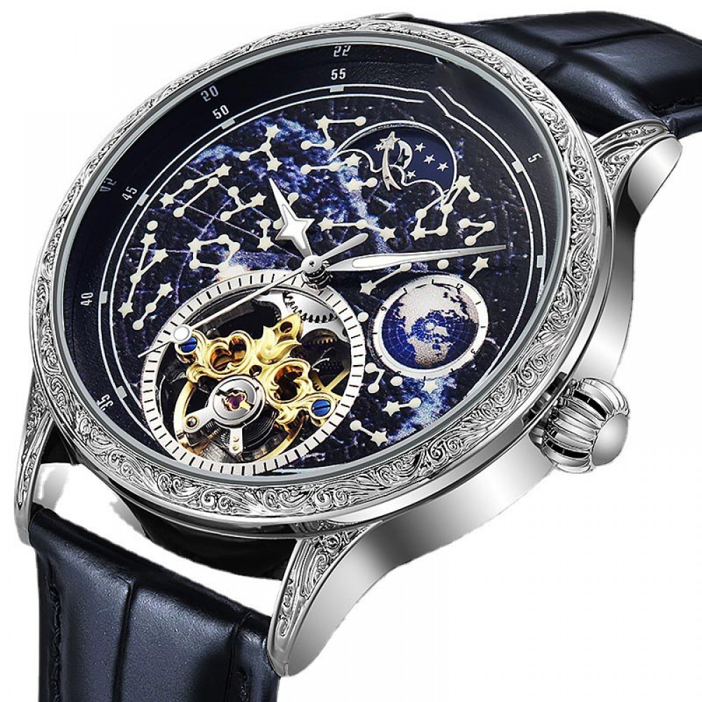 Galaxy Full Automatic Men's Mechanical Watch Earth Moon Phase Function Power Nights Waterproof Men's Flying Wheel Watch